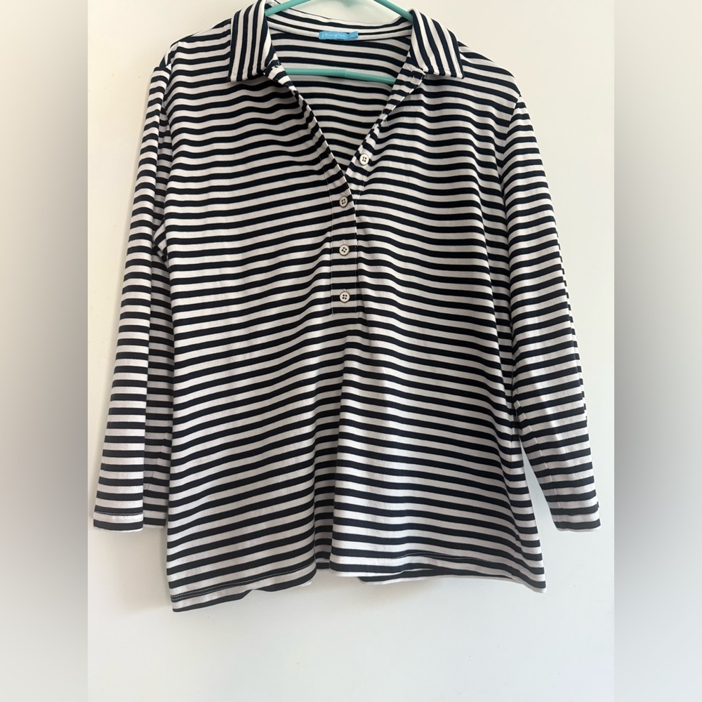 J. McLaughlin Black and White Striped Long Sleeve Polo Blouse